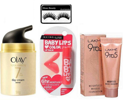 

divas beauty Eyelashes With Cherry Kiss Lip Balm,And Olay Anti Ageing Cream 50 gm,9to5 Mousse Foundation(Set of 4)