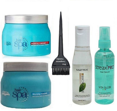 

Pro longwear combo Hair Brush, L'oreal Repairing Creambath Hair Spa With Deep Nourishing, Vitalizing & Smoothing Creambath Spa Set of 2, Streax pro Hair Serum, Matrix Biolage Hair Serum(Set of 5)