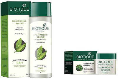 

BIOTIQUE BIO Bio Morning Nectar Flawless Skin Lotion For All Skin Types, Bio Winter Green Sport Correcting Anti Acne Cream(Set of 2)