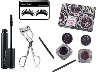 

divas beauty Eyelashes Mac Professional Zoom Lash Mascara, Eyelashes Curler With Hello Kitty Gel Eyeliner Makeup(Set of 5)