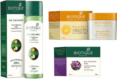 

BIOTIQUE BIO Bio Cucumber Pore Tightening Toner, Bio Aloe Vera 30+ Spf Sunscreen Cream, Bio Saffron Dew Youthful Nourishing Day Cream(Set of 3)