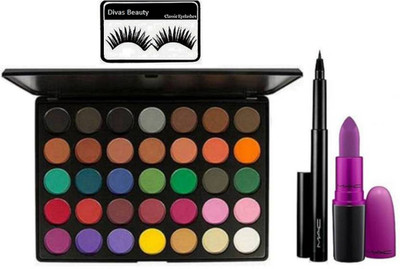 

divas beauty Eyelashes, Professional 35 Shades Multi color Eye shadow Palette, Blackest waterproof Pen Eyeliner 1.45 gm with Matte Finish Long lasting Heroien Lipstick(Set of 4)