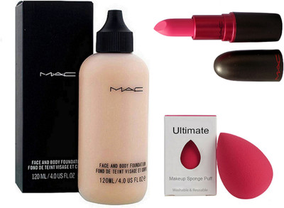 

Ultimate Sponge Puff, Mac Face and Body Foundation 120ml with Lady gaga pink Matte Finish Lipstick(Set of 3)