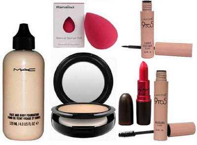 

Marvalous Sponge Puff, Mac Face & Body Foundation, Studio fix Compact, Lady Gaga Lipstick and lakme 9to5 Eyeliner & Mascara(Set of 6)