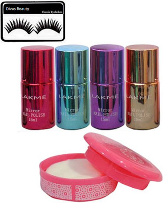 

divas beauty Eyelashes & Lakme Waterproof Nail Paint Set Of 4 With Nail Remover(Set of 6)