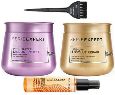 

Pro longwear combo Hair Brush, L'oreal SerieExpert Pro+Keratin Liss Unlimited Masque With Absolut Repair Lipidium Masque & Split End Hair Serum(Set of 4)