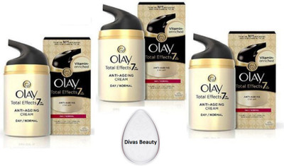 

divas beauty Silicon Puff& Olay total effect 7 in one Anti-Ageing cream Moisturizer 50 gm Pack of 3(Set of 4)