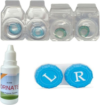 

ORNATE Blue & Turquoise Colored Contact Lens 2 Pair with case and solution (0 Power) Monthly(0, Colored Contact Lenses, Pack of 3)