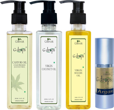 G Drops Argan,Castor,Virgin Coconut & Virgin Sesame Oil Combo(30ml+200ml+200ml+200ml) Hair Oil(630 ml)