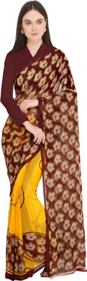 Ligalz Floral Print Daily Wear Chiffon Saree(Brown, Yellow) Flipkart
