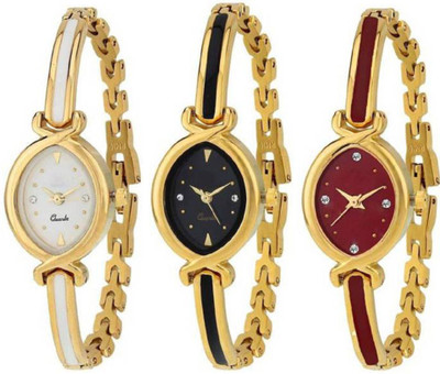 

Zebra Combo Pack 3 Designer Stylish White-Black-DarkRed Dial Golden Bangle Watch For Girls & Women Watch - For Girls