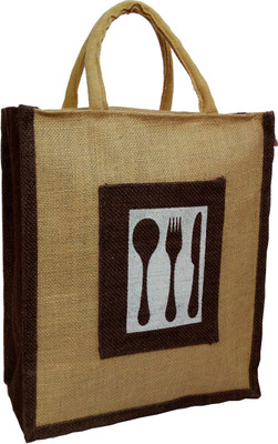 

styles creation Cutlery Print Designer Jute Lunch Bag/ Insulated Hot Case Handbag HNDBG97 Waterproof Lunch Bag(Brown, Beige, 13 inch)