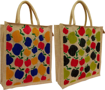 

styles creation 2 Pack Of Apple Print Premium Quality Designer Stylish Trendy Jute Lunch Bag for Lunch/Return Gift/Everyday use (Large Size) Waterproof Lunch Bag(Beige, 14 inch)