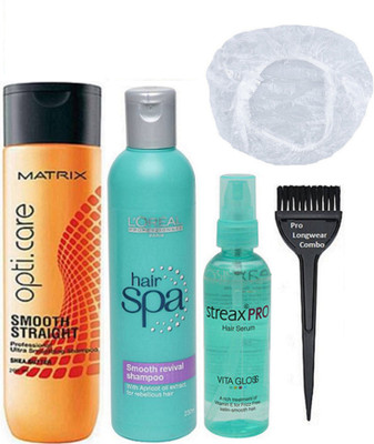 

Pro longwear combo Hair Brush, Shower Cap Matrix Opti.Care Smooth Straight Shampoo, L'oreal Hair Spa Smooth Revival Shampoo Streax Pro Hair Serum(Set of 5)