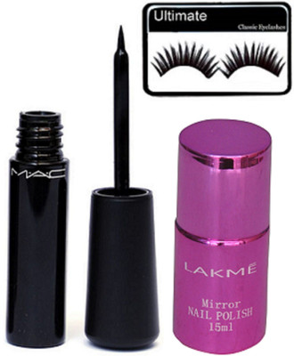 

Ultimate Eyelashes&Mac Liquid last Eyeliner Black&Lakme Mirror NailPolish Pink Shade(Set of 3)
