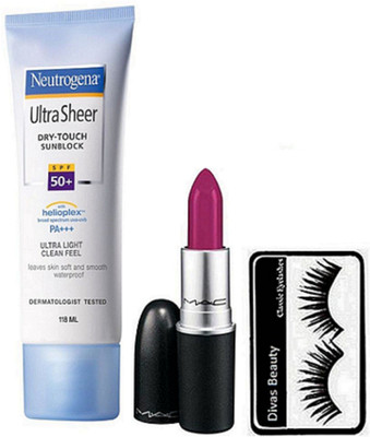 

divas beauty Eyelashes, Neutrogena Ultra Sheer Dry-Touch Sunblock SPF50, Mac Matte Finish Lipstick(Set of 3)