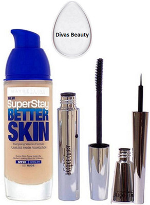 

divas beauty Silicon Puff &Super Stay Better Skin Founddation & Mac Brooke Candy Eyeliner & Mascara(Set of 4)