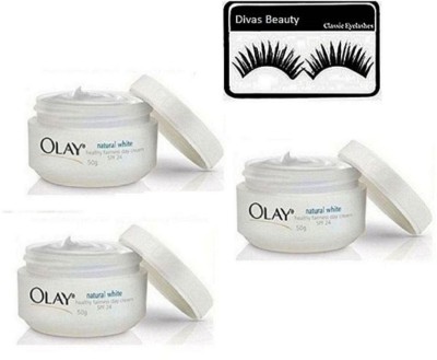 

divas beauty Eyelashes&Olay Natural White ALL IN ONE Fairness Day Cream 50 gm Pack of 3(Set of 4)