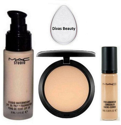 

divas beauty Silicon Puff, Mac pro longwear Liquid Concealer ,Studio Waterweight Foundation & Compact(Set of 4)