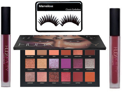 

Marvalous eyelashes , Huda Beauty Desert Dusk Eyeshadow Palette with matte finish Liquid Lip Gloss(Set of 4)
