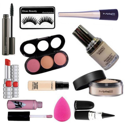 

divas beauty Eyelashes With Liquid Eyeliner &mascara And 3 shades Blusher & Pro long wear Concealer,Star lip Gloss & Mineraliz foundation,Face Loose powder & Stick kajal,Eyelashes &Sponge Puff &Matte Finish Lipstick Mirror(Set of 10)