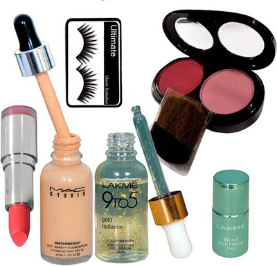 

Ultimate Eyelashes & Mac Waterweight Spf30 Foundation & Lakme 9To5 Gold Radiance Face Serum & 2 Shade Blusher & Colorbar Lipistick & Lakme Nail Colour(Set of 7)