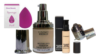 

divas beauty Sponge Puff, Mac mineralize moisture Liquid Foundation & Pro Longwear Concealer & Mirror Nail Polish(Set of 4)