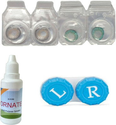 

ORNATE Grey & Turquoise Colored Contact Lens 2 Pair with case and solution (0 Power) Monthly Contact Lens(0, Grey,Turquoise, Pack of 3)