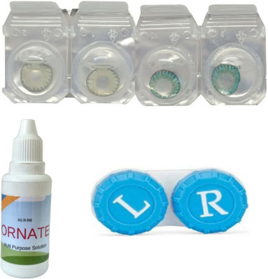 

ORNATE Green & Turquoise Colored Contact Lens 2 Pair with case and solution (0 Power) Monthly Contact Lens(0, Green,Turquoise, Pack of 3)