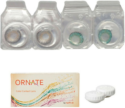 ORNATE Grey & Turquoise Colored Contact Lens 2 Pair with case (0 Power) Monthly Contact Lens(0, Grey, turquoise, Pack of 3)
