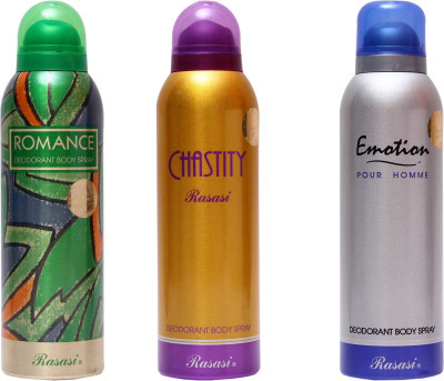 

Rasasi ROMANCE CHASTITY GOLD EMOTION MEN SILVER Body Spray - For Men & Women(600 ml, Pack of 3)