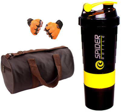 

Snipper Combo Of Leatherite Brown Gym Bag with Side Pocket , Orange Gloves and Yellow Spider Shaker Gym & Fitness Kit