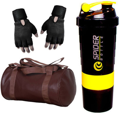 

Snipper Combo Of Leatherite Brown Gym Bag , black Gloves and Yellow Spider Shaker Gym & Fitness Kit