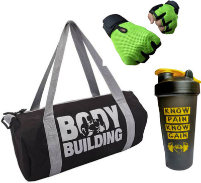 

S.Blaze COMBO OF GREY BODY BUILDING GYM BAG + BLACK 650ML KNOW PAIN KNOW GAIN + GREEN GYM GLOVES FOR BOTH MEN'S / WOMEN'S / GIRL'S / BOY'S Gym & Fitness Kit
