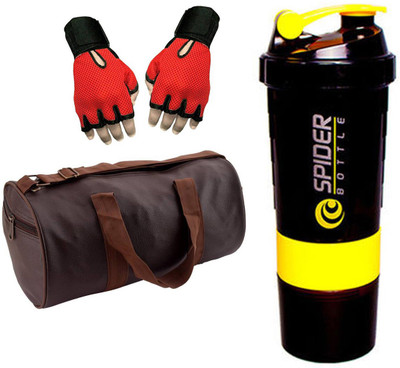 

Snipper Combo Of Leatherite Brown Gym Bag with Side Pocket , Red Gloves and Yellow Spider Shaker Gym & Fitness Kit