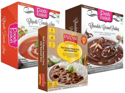 

Fazlani Foods Ready to Eat Chipotle Tomato Soup + Red Kidney Beans Curry with Basmati Rice + Chocolate Caramel Pudding 700 g