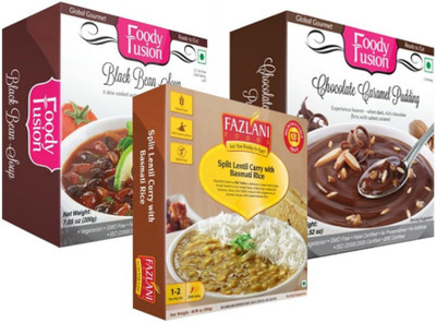 

Fazlani Foods Ready to Eat Black Bean Soup + Split Lentil Curry with Basmati Rice + Chocolate Caramel Pudding 700 g