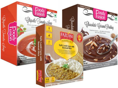 

Fazlani Foods Ready to Eat Chipotle Tomato Soup + Split Lentil Curry with Basmati Rice + Chocolate Caramel Pudding 700 g
