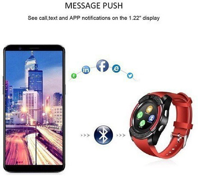 

GUG V8 Bluetooth Smartwatch With Sim & Tf Card Support With Apps Like Facebook And Whatsapp Touch Screen Multilanguage Android/Ios Mobile Phone Wrist Watch Phone With Activity Trackers And Fitness Band Smartwatch(Red Strap Free Size)