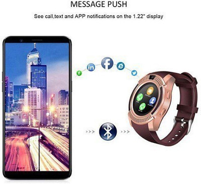 

GUG V8 Bluetooth Smartwatch With Sim & Tf Card Support With Apps Like Facebook And Whatsapp Touch Screen Multilanguage Android/Ios Mobile Phone Wrist Watch Phone With Activity Trackers And Fitness Band Smartwatch(Brown Strap Free Size)