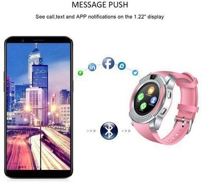 

GUG V8 Bluetooth Smartwatch With Sim & Tf Card Support With Apps Like Facebook And Whatsapp Touch Screen Multilanguage Android/Ios Mobile Phone Wrist Watch Phone With Activity Trackers And Fitness Band Smartwatch(Pink Strap Free Size)