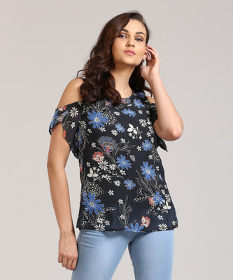 AND Casual Cold Shoulder Floral Print Women Black Top