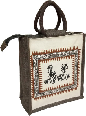 

styles creation Rajasthani Printed Designer Stylish Trendy Brown Handicraft Jute Lunch Tiffin Handbag Waterproof Lunch Bag(Brown, White, 11 inch)