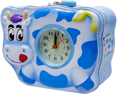 Tootpado Metal Piggy Bank With Clock For Kids Cow - Blue - (1BOX152) - Money Kiddy Coin Bank Coin Bank(Blue)