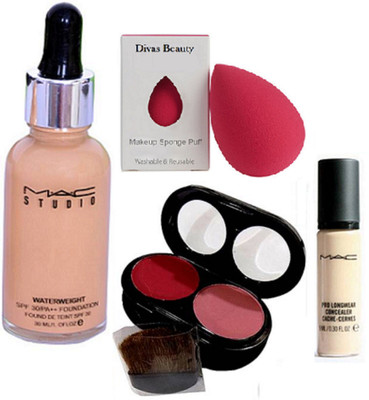 

divas beauty Sponge Puff, Mac Waterweight Foundation &Pro Long Wear Concealer & 2 Shade Blusher(Set of 4)