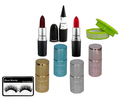 

divas beauty Eyelashes,Matte Lipstick Rouge A Levres (Set of 2), Mirror Nail Polish (Set of 4), Remover, Stick Kajal(Set of 9)