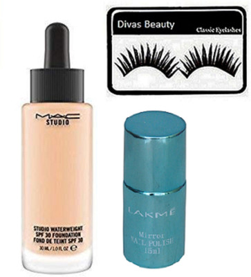

divas beauty Eyelashes, MAC Studio Waterweight Spf 30 Foundation , Mirror Nail Polish(Set of 3)