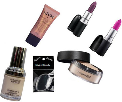 

divas beauty Silicone Puff & mac Miniralize Moisture Liquid Foundation & mac Matte Finish Pink With Purple lipstick & mac loose powder & mac Illuminator(Set of 6)
