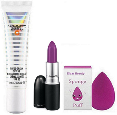 

divas beauty Sponge Puff, Mac Tinted Cream Foundation, Mac Heroine Lipstick Purple(Set of 3)