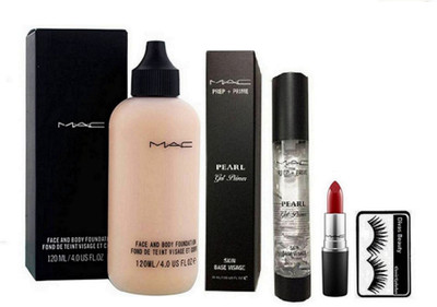 divas beauty Eyelashes, Mac Face & Body Foundation, Mette Finish Lipstick, Prep+Prime Pearl Primer(Set of 4)